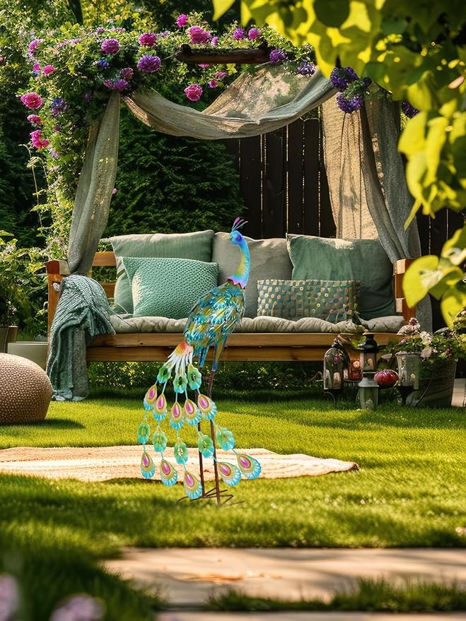 YEAHOME Garden Decor Outdoor Statues, 34" Large Metal Peacock Standing Yard Art, Blue Green Bird Lawn Sculptures Garden Decor for Outside Patio Porch Backyard