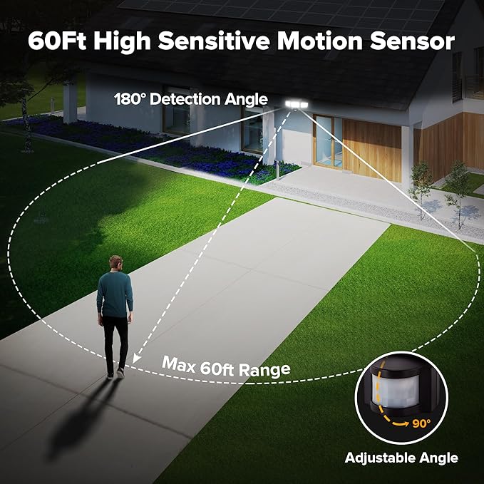 UME Solar Outdoor Lights 302 LED 3000LM, IP65 Waterproof Motion Sensor Outdoor Lights, 3 Heads Solar Security Flood Lights 270 Wide Lighting Angle with 3 Modes for Garden Patio Yard - 4 Pack