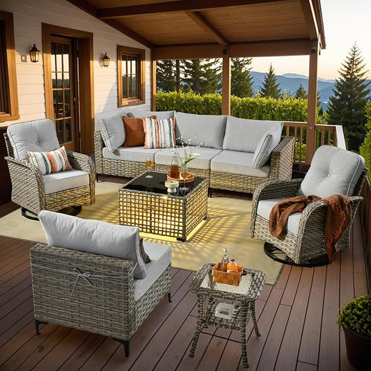 Outdoor Sectional Patio Furniture Set with Swivel Rocking Chairs and Glowing Table,8 Pieces Wicker Conversation Sets L Shaped Couch Out Door Sofa Outside Furniture for Garden Deck Yard Porch,Grey