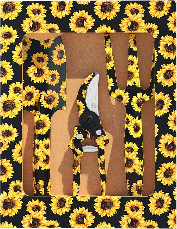 GARTOL Garden Tool Set - 3 Piece Thickly Cast Aluminum Gardening Tools Kit with Flower Paint, Heavy Duty Hand Garden Tools with Box Include Trowel, Rake, Pruner Shear, Gift for Gardener (Sunflower)