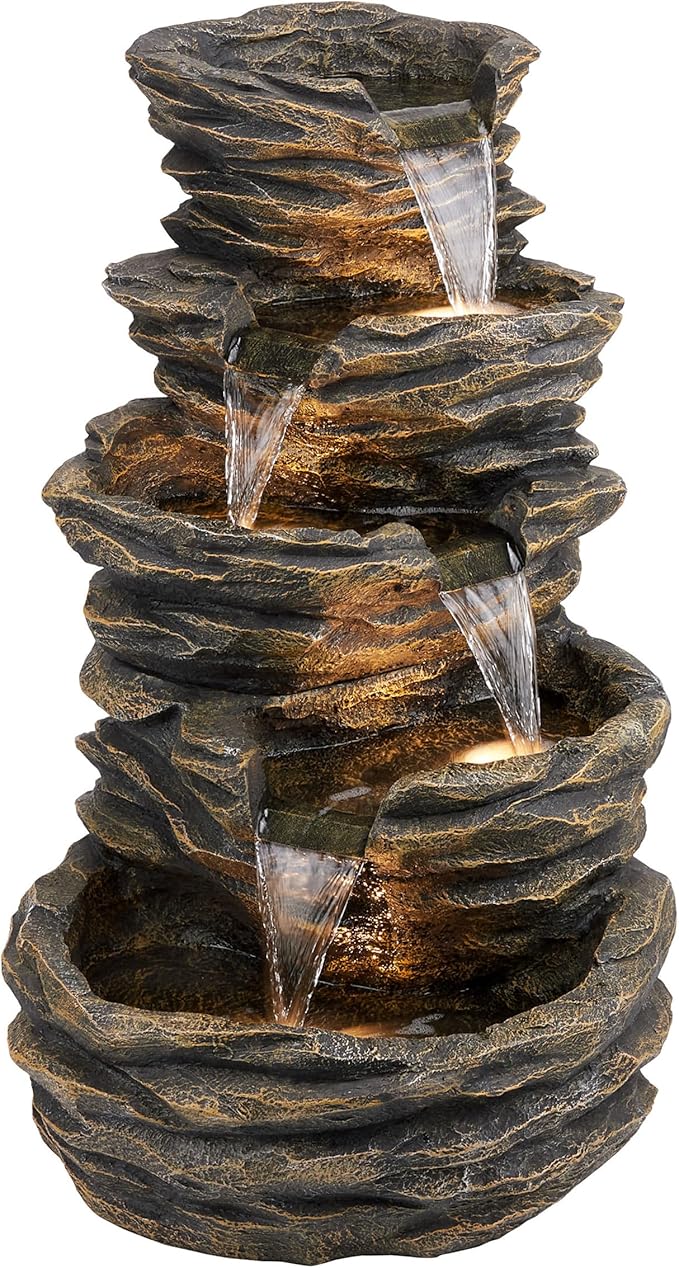 Alpine Corporation GIL110 Outdoor 5 Tiered Natural Look Rock Water Floor Fountain with Replaceable Lights,39" H, Brown