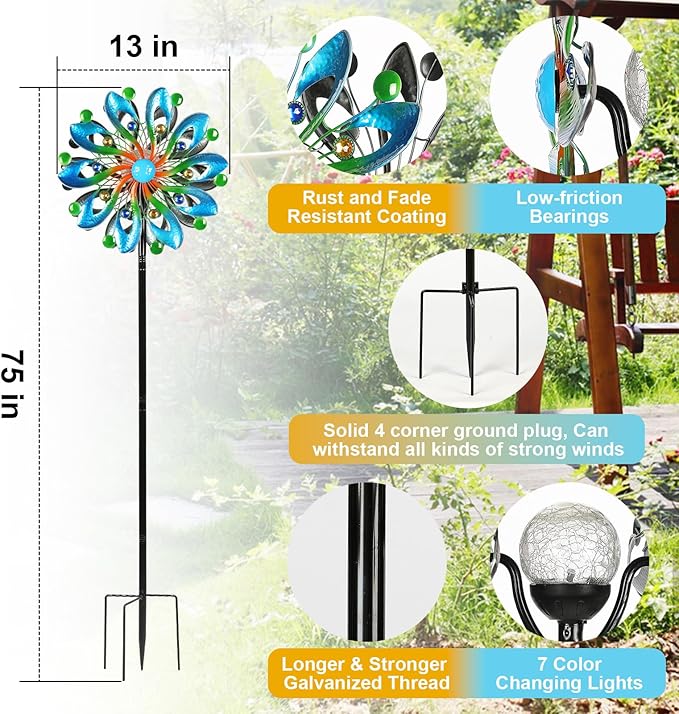 Wind Spinners for Yard and Garden-Wind Sculptures & Spinners 75 in Garden Kinetic Art with Solar Powered Multi-Color Glass Ball Light for Yard Garden Backyard Lawn Decorations