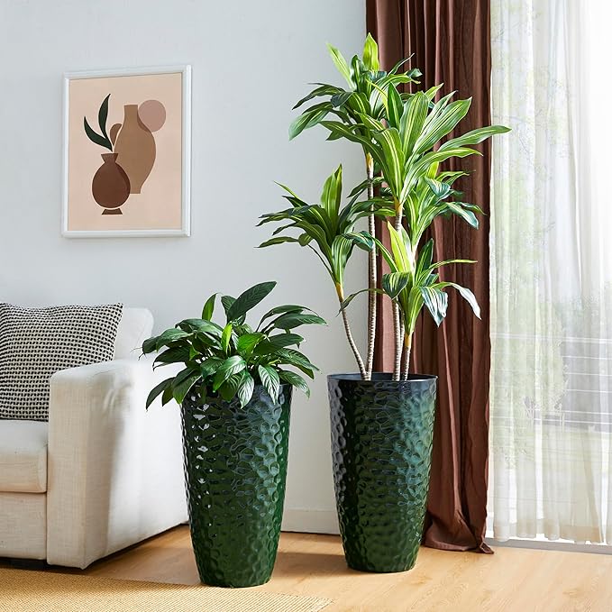 Glitzhome 23.75" H Oversized Tall Planter, Large Planters for Outdoor Plants, Set of 2 Honeycomb Textured Gradient Green Tall Planters with Drainage Holes, Modern Flower Pots for Porch Indoor Garden