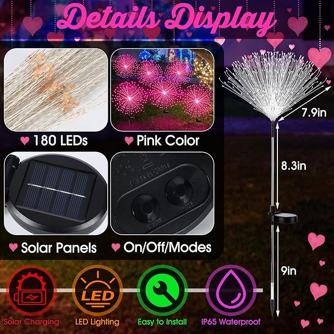 6 Pack Pink Solar Firework Lights 180 LED 8 Lighting Modes Waterproof Outdoor Decorative Solar Lights for Easter Wedding Birthday Garden Patio Yard Pathway Walkway Lawn Decor