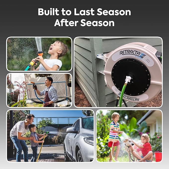 Macnaught Retractable Garden Hose Reel, 60 Ft Water Hose Reel Heavy Duty Retractable Hose with Metal 180° Swivel Rotation Bracket for Wall Mount - Beige