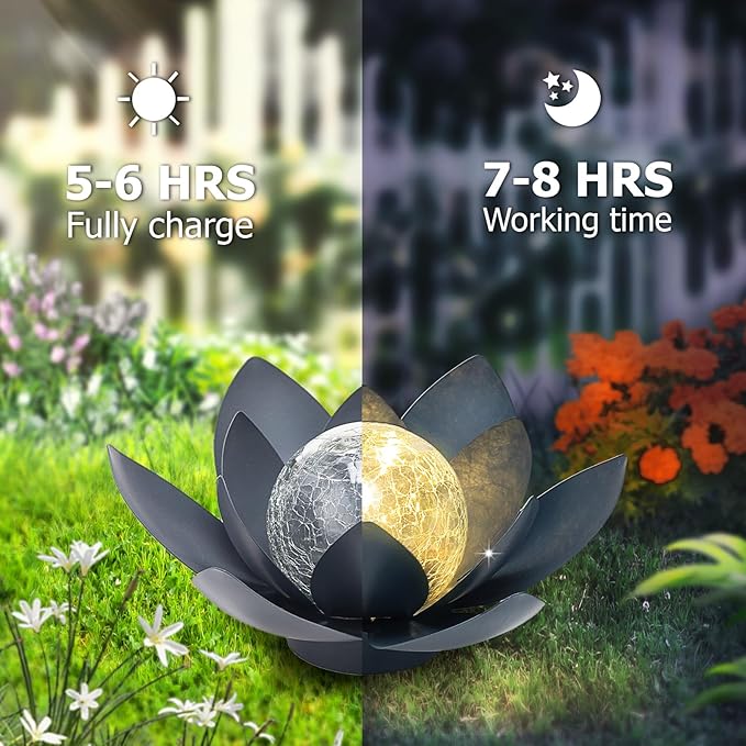 Huaxu Solar Lights Outdoor Garden Decor Crackle Glass Globe Lotus Flower Gray Metal Waterproof Light for Patio, Lawn, Walkway, Tabletop, Ground,Christmas Gifts for Mom,Women