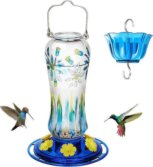 Kingsyard Hummingbird Feeder for Outdoors Hanging, 25 Ounces, Glass Humming Bird Nectar Feeder with Ant Moat & 6 Feeding Ports, Leak Proof, Blue