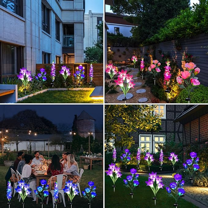 Solar Flowers Lights, 6 Pack Lily Rose Delphinium, Waterproof Gardening Gifts for Mom Grandma Women, Multi-Color Changing Outdoor Lights for Garden Yard Patio Lawn