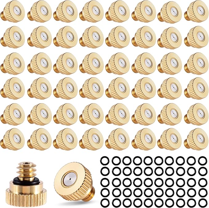 50 Pack Brass Misting Nozzles with 50Pc Brass Misting Nozzles O Ring,Heavy Duty Misting Nozzle 0.02" Orifice (0.5 mm)10/24 UNC for Outdoor Cooling System Dust Control
