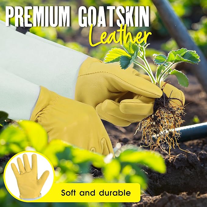 HANDLANDY Rose Gloves for Men & Women, Long Leather Gardening Gloves Thorn Proof, Best Garden Gifts & Tools for Gardener (Yellow-beige, Medium (Pack of 1))