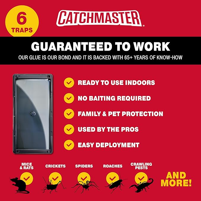 Catchmaster Rat, Snake and Mouse Traps 6Pk, Large Bulk Glue Rat Traps for Home, Adhesive Plastic Tray for Inside House, Snake, Mice, & Spider Catcher, Pest Control for House & Garage