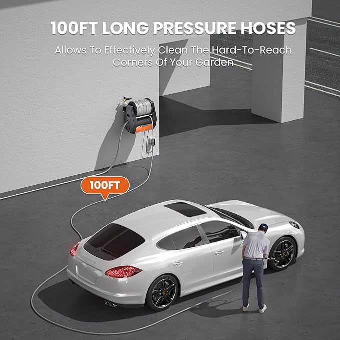 Giraffe Tools Grandfalls Pressure Washer Pro, Electric Wall Mount Power Washer with 100FT Retractable Pressure Hoses, 3700PSI, 1.6GPM, 4 Nozzles, Foam Cannon for Cars/Patios, Dark Silver