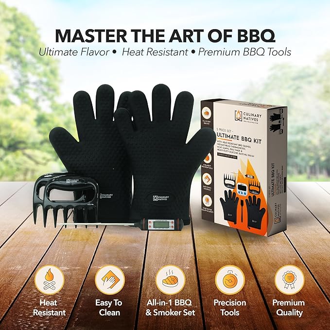 Meat Claws and Smoker Gloves | No.1 Heat Resistant BBQ Grill Gloves | Pulled Pork Claws | Thermometer | Silicone Oven Mitts & Razor-Edge Meat Shredders | Barbecue, Grilling, Smoking, Shredding (Black)