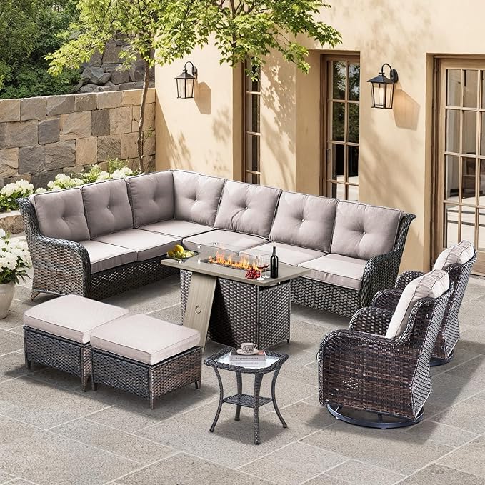 HUMMUH 8 Pieces Outdoor Patio Furniture Set with Fire Pit,L-Shaped Modular Sectional Couches with Swivel Patio Chairs,Wicker Conversation Set for Deck,Backyard,Porch,Garden