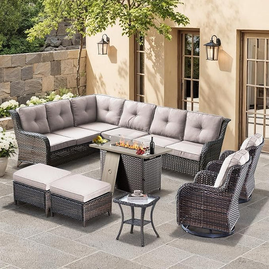 HUMMUH 8 Pieces Outdoor Patio Furniture Set with Fire Pit,L-Shaped Modular Sectional Couches with Swivel Patio Chairs,Wicker Conversation Set for Deck,Backyard,Porch,Garden