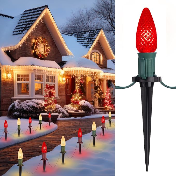 C9 LED Christmas String Lights Outdoor, 26 Feet 20 LED Christmas Pathway Lights with 20 Plastic Stakes, Connectable Waterproof for Driveways Xmas Holiday Patio Decoration, Red and Warm White
