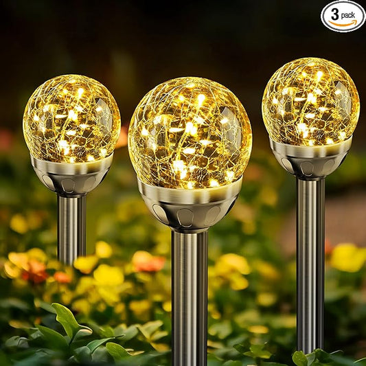 SOLPEX Solar Garden Lights String - 3 Pack Warm White, Solar Powered Cracked Glass Ball, Waterproof for Outdoor & Patio Decoration