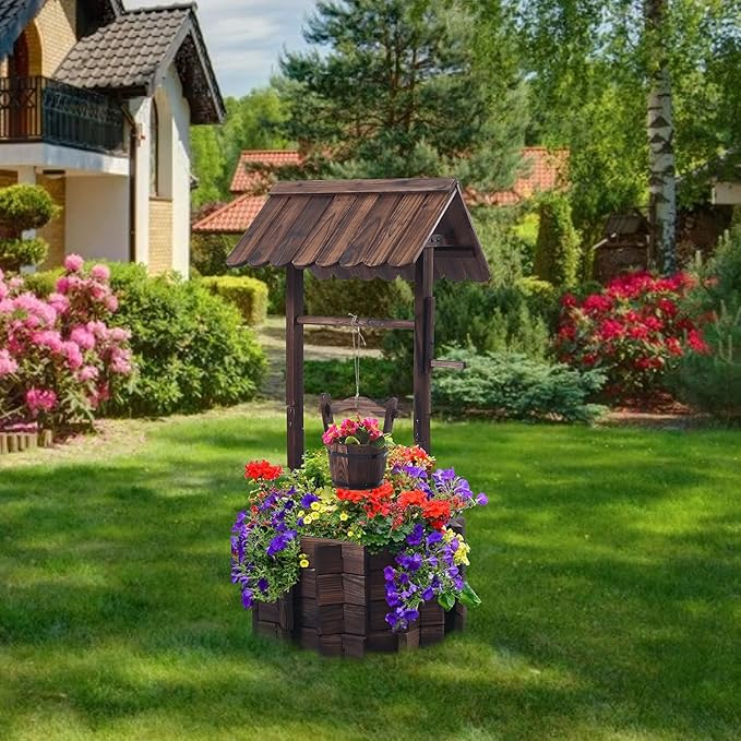 Wooden Wishing Wells for Outdoors with Hanging Bucket, Wishing Well Planters Rustic Style Patio Garden Ornamental, Brown