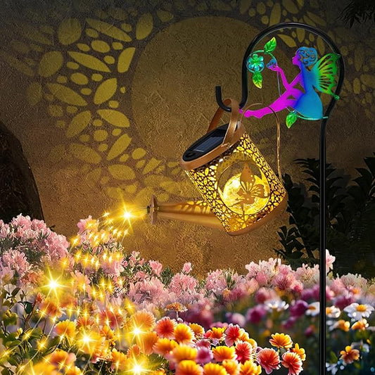 Solar Lights Garden Decorative, Solar Watering Can with Cascading Lights, Waterproof Metal Lantern with Fairy Shepherd Hook, Outdoor Decor for Yard, Patio, Lawn, and Pathway