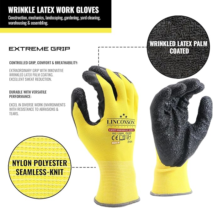 linconson 12 Pack Safety Performance Series Construction Mechanics Wrinkle Latex Work Gloves