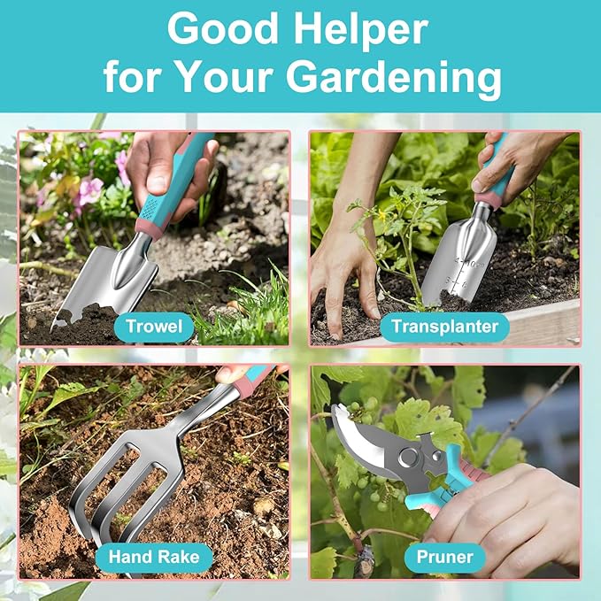 6 Pcs Garden Tool Set, Gardening Hand Tools Aluminum Alloy Starter Kit with Garden Bag, Heavy Duty Outdoor Tool Set with Ergonomic Handle, Gardening Gifts (No Flower Pattern)