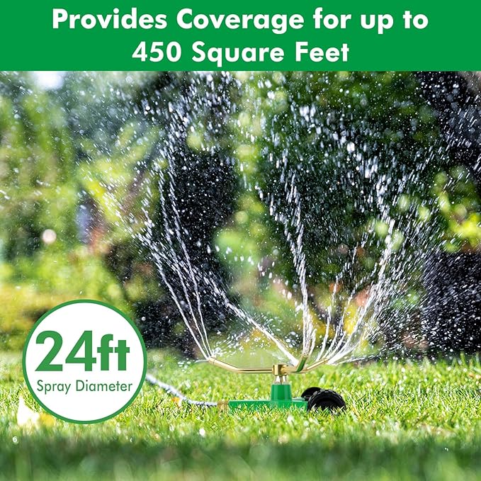 [2 Pack] RESTMO 3-Arm Metal Sprinkler with Wheel Base, 360 Degree Automatic Rotary Lawn Sprinkler System for Garden Plant, Flower Bed and Yard Watering and Large Yard Area Watering