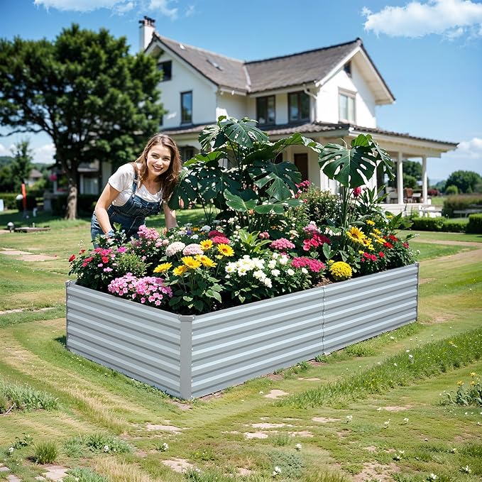 Raised Garden Bed 6x3x1.5FT - Galvanized Steel Planter for Outdoor Vegetables, Flowers, and Herbs - Tall Deep Root Box Kit with Gloves and 2 Compost Bags - Stylish Gray Design