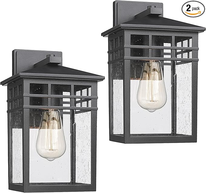 Outdoor Light Fixture Wall Mount, Modern Exterior Lights Fixture Wall Sconces with Seeded Glass for Front Porch, Farmhouse Waterproof Black Carriage Lantern Lamp Outside for Home, Garage, 2 Pack