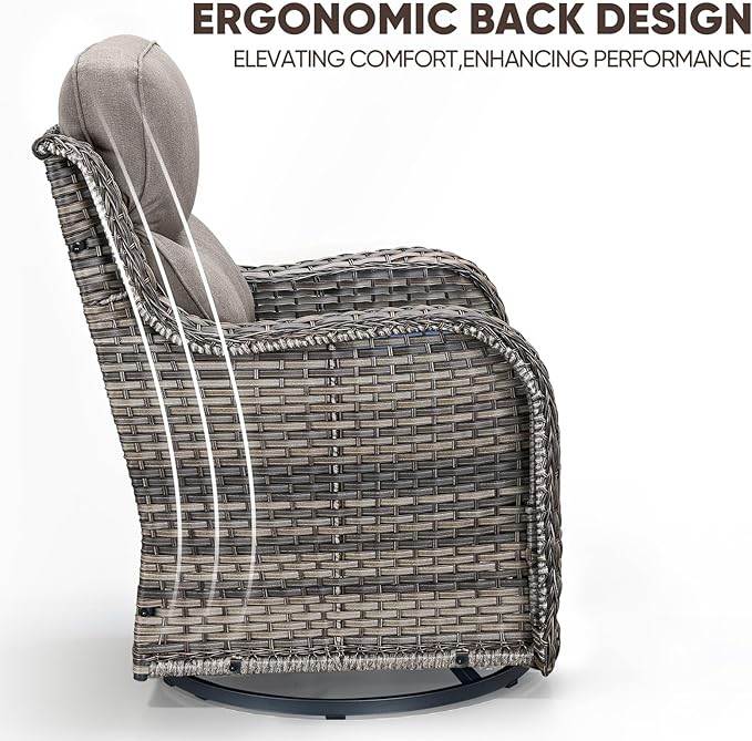 Swivel Patio Chairs sofa Set of 5 with 6" Thick Cushion - Wicker Outdoor Swivel Rocker Patio Chair ,Sofa/Glass coffee table, High Back Comfortable Outdoor Glider Chairs - Grey Wicker | Grey Cushions