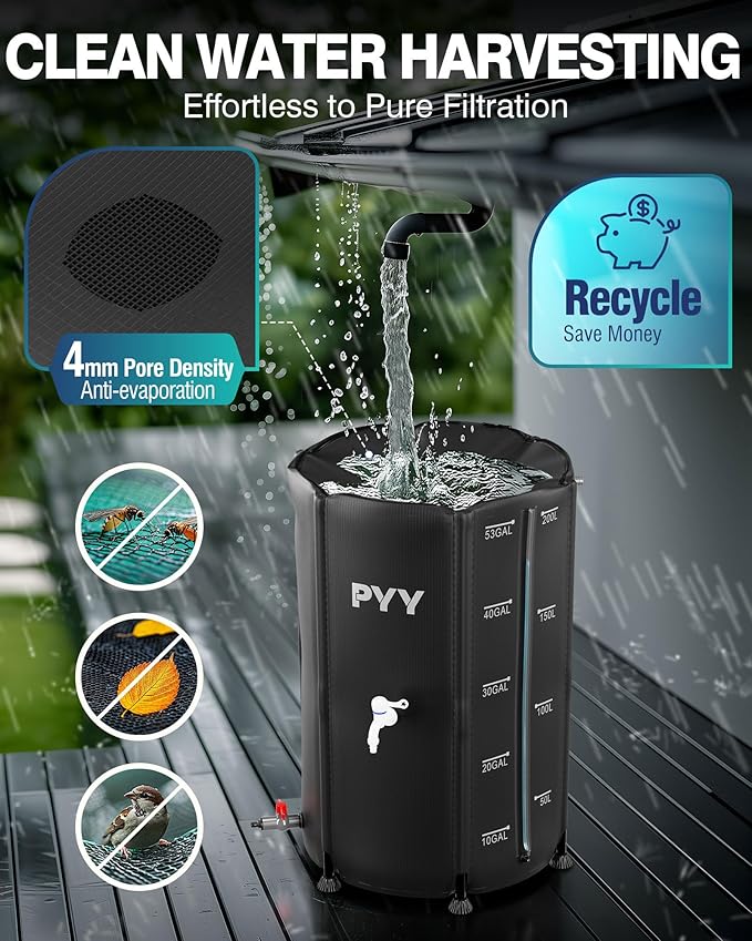 PYY Rain Water Collection Barrel - 53 Gallon Black Water Storage Tank with Spigot, Hose and Portable Bucket, Large Plastic Collapsible Rain Catcher Catchment System to Collect Rainwater from Gutter