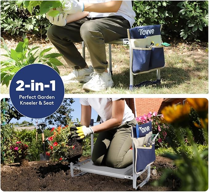 Upgraded Garden Kneeler and Seat with Thicken & Widen Soft Kneeling Pad, Heavy-Duty Foldable Garden Stool with Large Garden Tool Bag, Portable Garden Bench Gardening Gifts for Women, Seniors