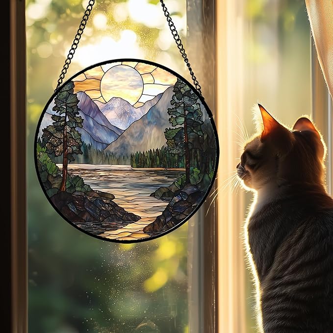 Stained Glass Window Hanging, Sunset Mountains Lake Tree Sun Catcher for Window Home Decor Landscape Suncatcher Mother's Day Birthday Gifts for Women Men Mom and Nana 7.8 in