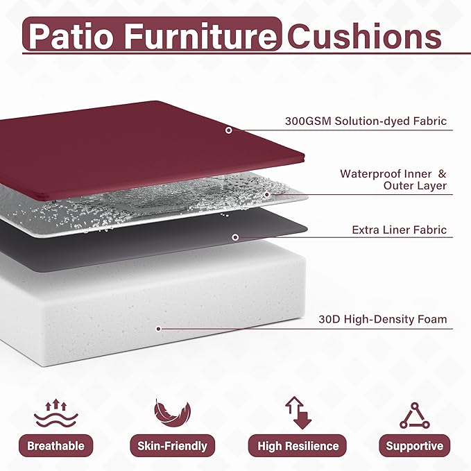 Patio Chair Cushions 24 X 24 X 5 Inch Waterproof Outdoor Seat Cushions for Patio Furniture, Outdoor Sofa Couch Pads with Ties & Handle, Set of 2, Burgundy