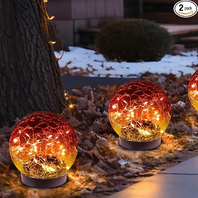 Solar Globe Lights Outdoor Waterproof-Solar Balls-Solar Garden Lights-Solar Orbs for Outside 2 Pack Cracked Glass Ball for Lawn Patio Yard Backyard Decorations