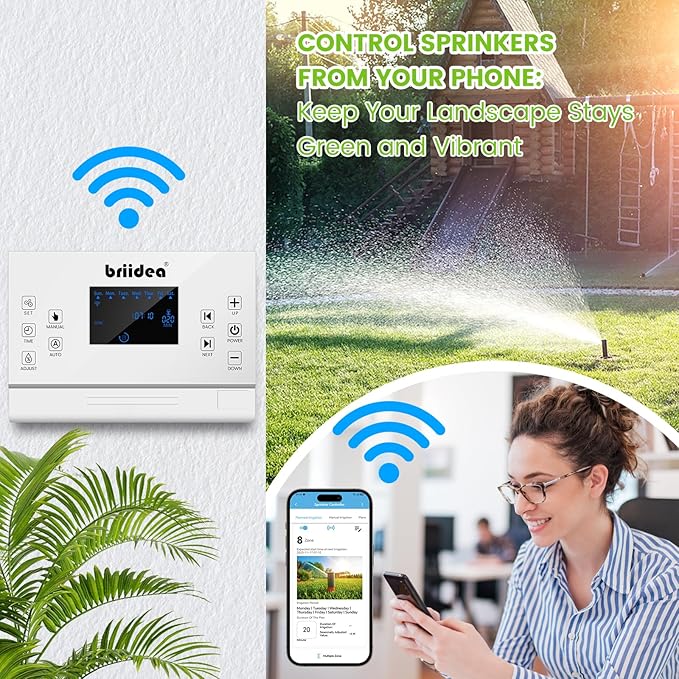 8 Zones WiFi Smart Sprinkler Controller, Briidea Automatic Irrigation Controllers with Customized Watering Schedule & Seasonal Adjustment, Water Efficiently and Keep Your Plants Healthy