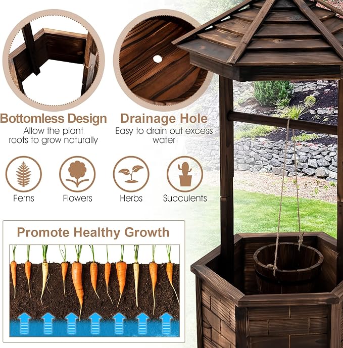 Giantex Rustic Wooden Wishing Well Planter with Hanging Bucket, Roof Shadow, Reinforced Rod, Wishing Wells for Outdoors Backyard Patio Garden Outside Decor