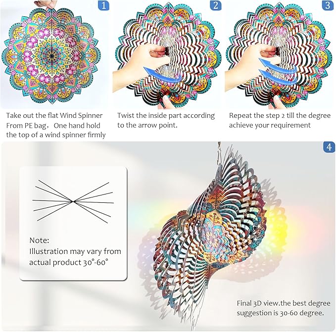 Wind Spinners Outdoor Mandala Lucky Star,Laser Cut Metal Kinetic Art Wind Spinner Gift for Christmas,12In Stainless Steel Hanging Yard&Garden 3D Wind Sculpture Decorations Indoor Spinners