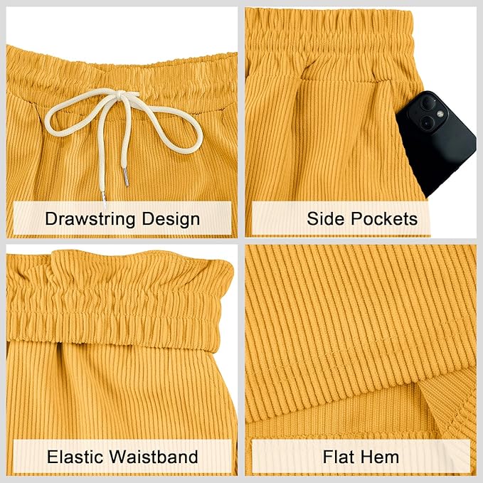 Mens Cargo Shorts Casual Drawstring Elastic Waist Corduroy Summer Beach Shorts with Pockets