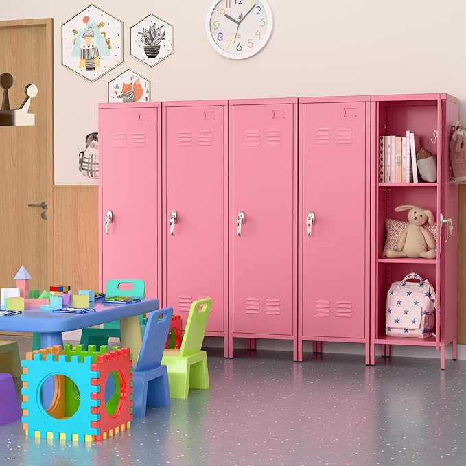 METAN Metal Storage Lockers with Handle Lock and 2 Adjustable Shelves,Office Storage Locker with Pegboards and Hooks,Assembly Required,Pink