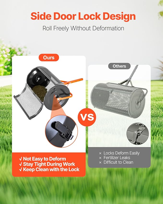 VEVOR Compost Spreader, 24 in Wide Peat Moss Spreader with T Shaped Handle, 3 Heights Adjustable, Powder-Coated Steel Garden Peat Moss Roller, Heavy Duty Grass Seed Spreaders for Planting Seeding