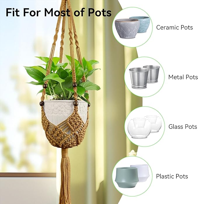 USLAI Macrame Handmade Basket Plant Hanger (2-Pack), for 3-8 Inch Pots, Indoor Outdoor Strong Hanging Planter Flower Pot Holder with Beads and Tassels, Boho Home Decor (POTS NOT Included) (Brown)