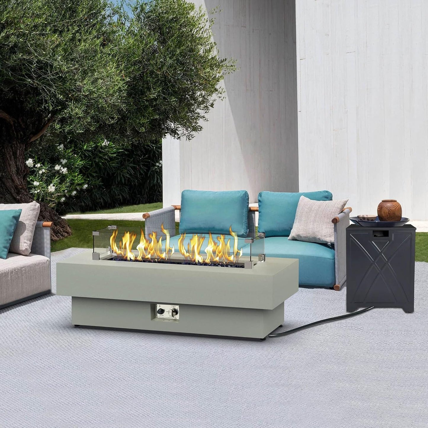 48-inch Fire Table with 20lb Propane Tank Cover & Wind Glass Shield, 50,000BTU Outdoor Modern Patio Fire Pit Table w/Rectangular Burner Lid, Glass Rocks, Pre-Attached 10ft External Gas Hose