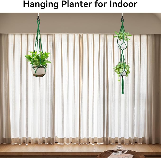 USLAI Macrame Plant Hanger Indoor Outdoor, Up to 4-15 inch Pot, Heavy 20lb Planters, Extra Long Strong Hanging Planter Basket Holder, Boho Home Decor, 35+49 Inch, Green (POTS NOT Included)