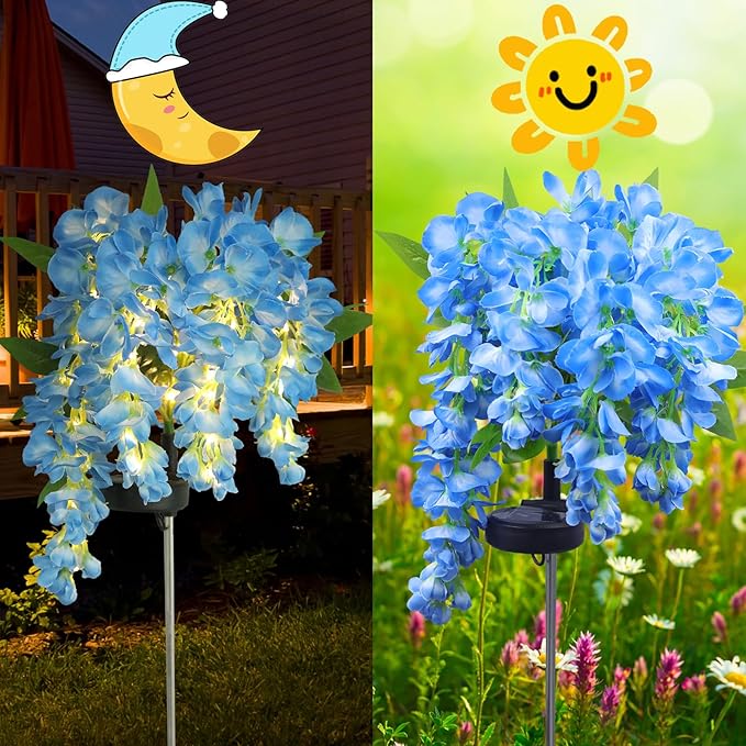2Pack Solar Waterproof Wisteria Flowers Garden Lights Upgraded Solar Panel 2 Glowing Lighting Modes for Outdoor Yard Walkway Lawn Decor Birthday Gift