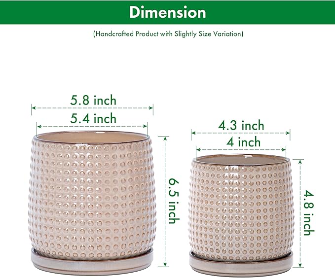 D'vine Dev 6 Inch 4 Inch Ceramic Indoor Planter Pots with Drainage Hole and Saucer, Beaded Design Flower Pots, Set of 2, Light Brown, 27-D-U-4