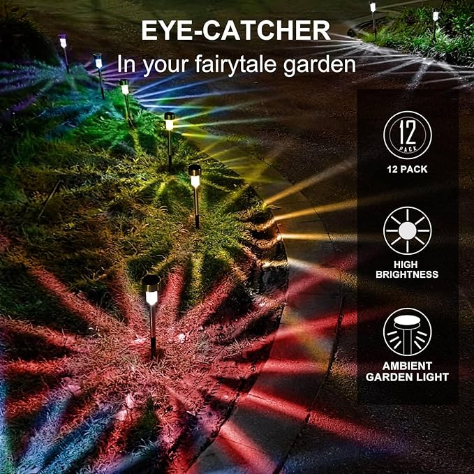 Dream Master Solar Lights Outdoor Waterproof, Stainless Steel LED Landscape Lighting Outdoor for Outside Solar Garden Lights for Pathway, Walkway, Patio, Yard, Lawn - 12 Pack (Multicolor)