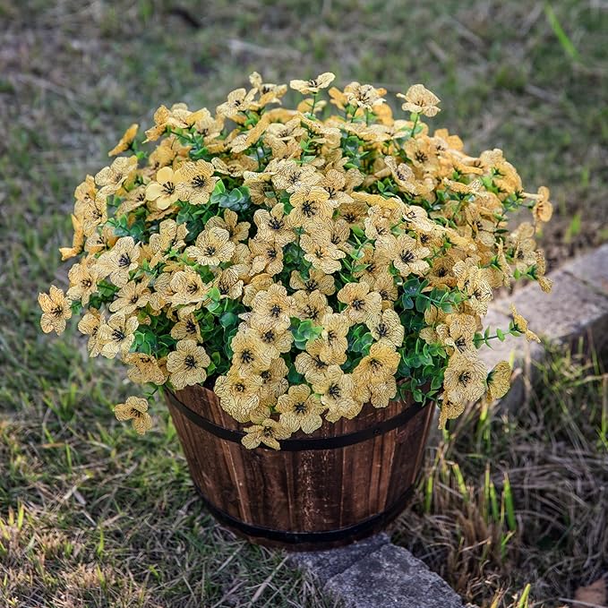 Artificial Fall Flowers Faux Mums for Outdoor Indoor Garden Home Decoration, Faux Flower Daisy with Eucalyptus Leaves Fake Plants Greenery Boxwood Porch Patio, 12 Bundles (Yellow)