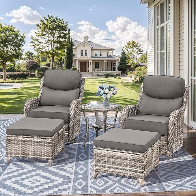 HUMMUH Wicker Patio Furniture Set 6inch Thick Cushion Deep Seat Outdoor Swivel Rocker Patio Chairs Set of 2 with Ottomans Conversation Set for Porch Garden Deck