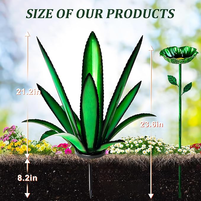 [2024 Upgraded] Large Metal Agave Yard Art, Tequila Rustic Sculpture, Hand Painted Metal Agave Plants with Bird Feeder, Garden Sculpture Statue Outdoor Decor (Green)