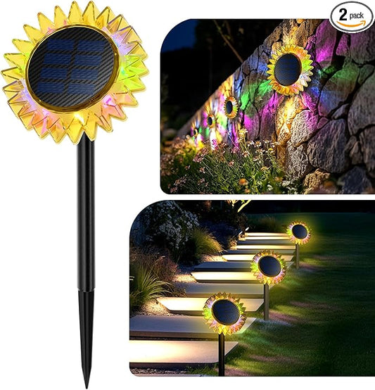 Hogni Solar Pathway Lights - 2 Pack LED Sunflower Garden Light, Waterproof Outdoor Decor for Wall, Lawn, Yard, Walkway, Patio, Landscape